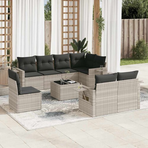 vidaXL 9-dijelni set vrtnih sofa od poliratana s jastucima svjetlosivi