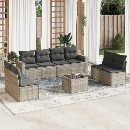 vidaXL 9-dijelni set vrtnih sofa od poliratana s jastucima svjetlosivi