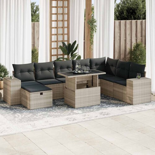 vidaXL 9-dijelni set vrtnih sofa od poliratana s jastucima svjetlosivi