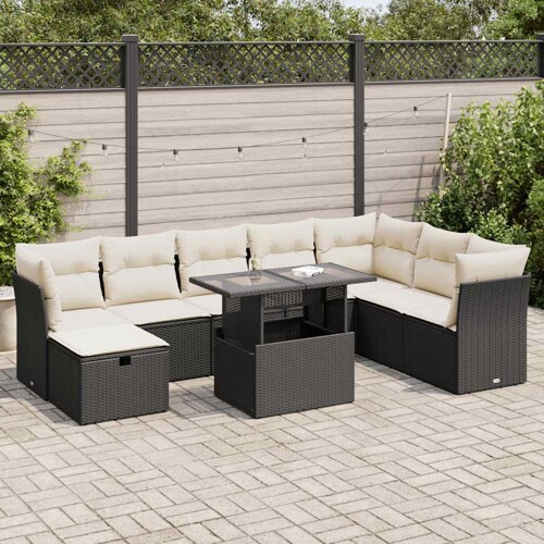 vidaXL 9-dijelni set vrtnih sofa s jastucima crni od poliratana