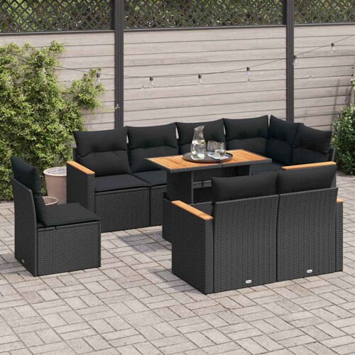 vidaXL 9-dijelni set vrtnih sofa s jastucima crni od poliratana bagrem