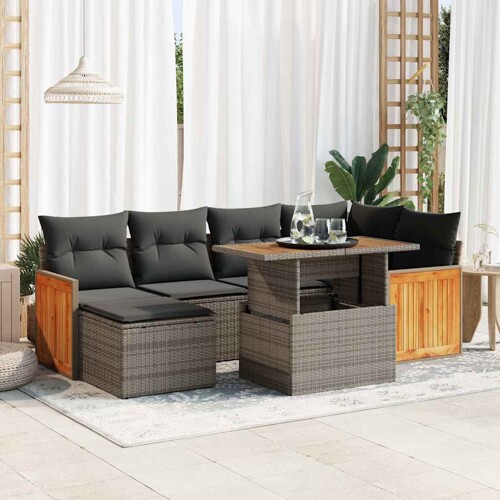 vidaXL 7-dijelni set vrtnih sofa poliratan i bagrem s jastucima sivi