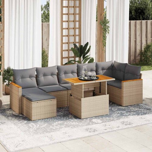 vidaXL 8-dijelni set vrtnih sofa od poliratana s jastucima bež bagrem