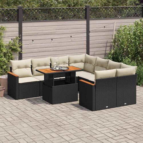 vidaXL 9-dijelni set vrtnih sofa s jastucima crni od poliratana bagrem