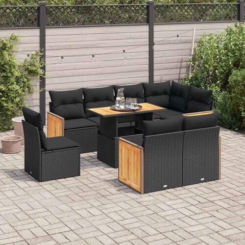 vidaXL 9-dijelni set vrtnih sofa s jastucima crni od poliratana bagrem