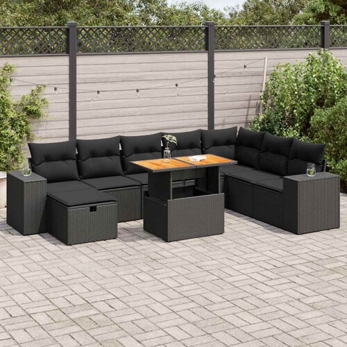 vidaXL 9-dijelni set vrtnih sofa s jastucima crni od poliratana bagrem