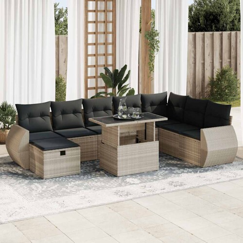 vidaXL 9-dijelni set vrtnih sofa od poliratana s jastucima svjetlosivi