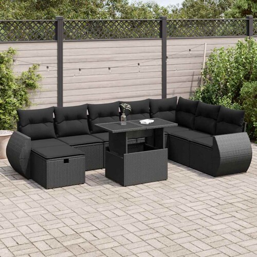 vidaXL 9-dijelni set vrtnih sofa s jastucima crni od poliratana