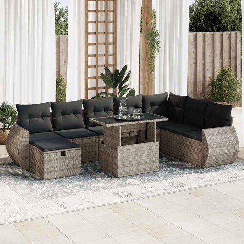 vidaXL 9-dijelni set vrtnih sofa od poliratana s jastucima sivi