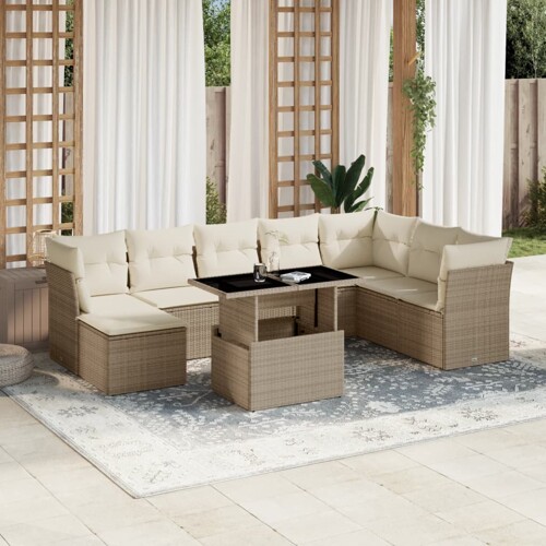 vidaXL 9-dijelni set vrtnih sofa s jastucima bež od poliratana