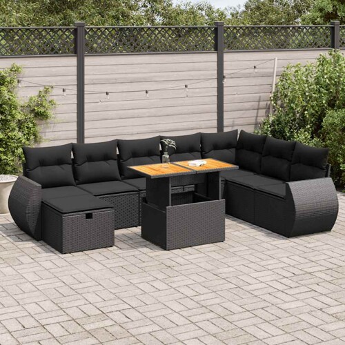 vidaXL 9-dijelni set vrtnih sofa s jastucima crni od poliratana bagrem