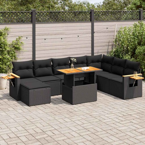 vidaXL 9-dijelni set vrtnih sofa s jastucima crni od poliratana bagrem