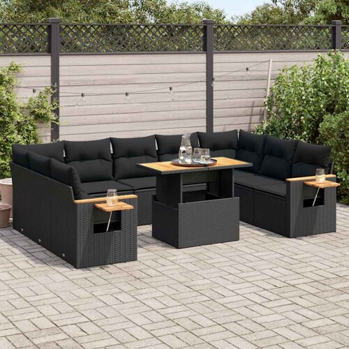 vidaXL 10-dijelni set vrtnih sofa s jastucima crni poliratana bagrem