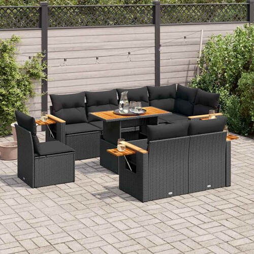 vidaXL 9-dijelni set vrtnih sofa s jastucima crni od poliratana bagrem