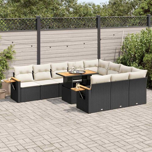 vidaXL 11-dijelni set vrtnih sofa poliratan i bagrem s jastucima crni