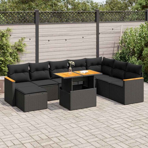 vidaXL 9-dijelni set vrtnih sofa s jastucima crni od poliratana bagrem