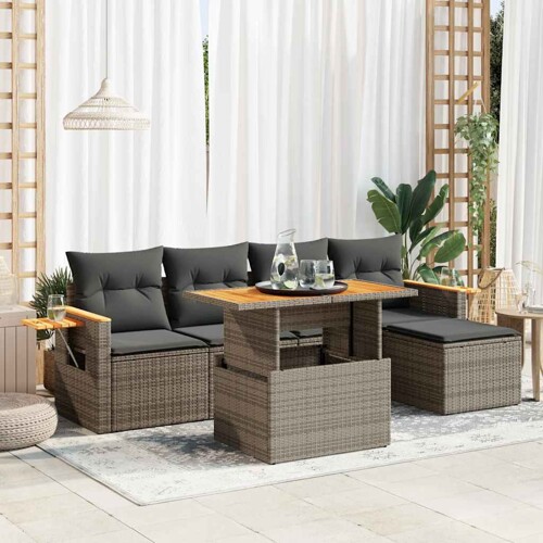vidaXL 6-dijelni set vrtnih sofa poliratan i bagrem s jastucima sivi