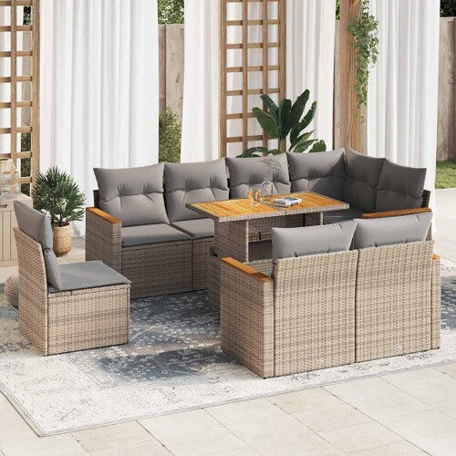 vidaXL 9-dijelni set vrtnih sofa s jastucima bež od poliratana bagrem