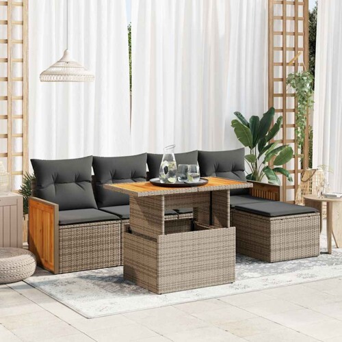 vidaXL 6-dijelni set vrtnih sofa poliratan i bagrem s jastucima sivi