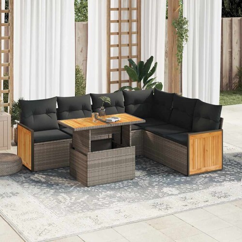 vidaXL 7-dijelni set vrtnih sofa poliratan i bagrem s jastucima sivi