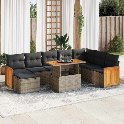 vidaXL 9-dijelni set vrtnih sofa poliratan i bagrem s jastucima sivi