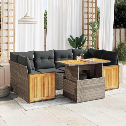 vidaXL 7-dijelni set vrtnih sofa poliratan i bagrem s jastucima sivi