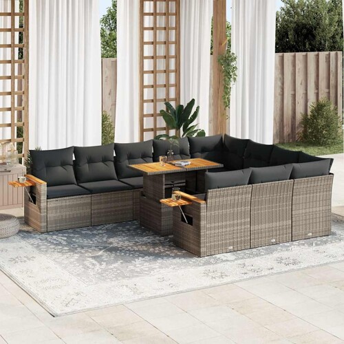 vidaXL 11-dijelni set vrtnih sofa poliratan i bagrem s jastucima sivi