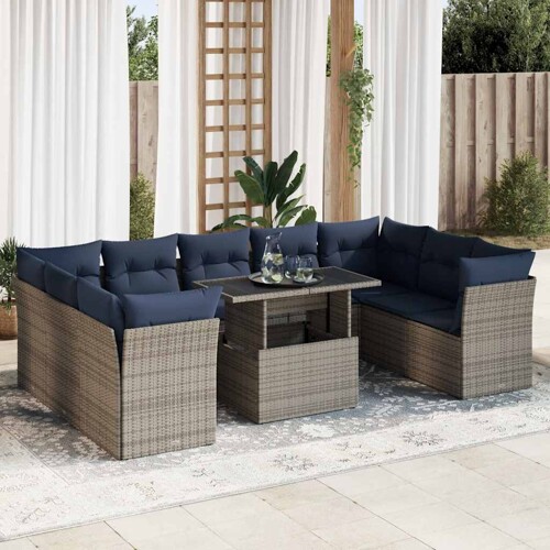 vidaXL 10-dijelni set vrtnih sofa poliratan i bagrem s jastucima sivi