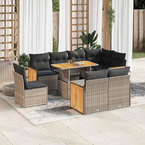 vidaXL 9-dijelni set vrtnih sofa poliratan i bagrem s jastucima sivi