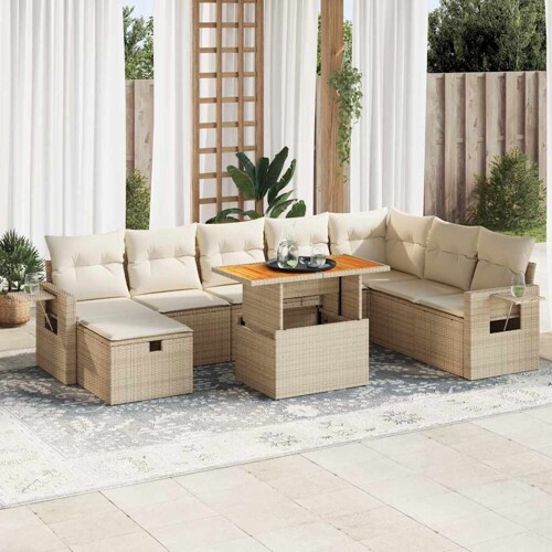 vidaXL 9-dijelni set vrtnih sofa s jastucima bež od poliratana bagrem