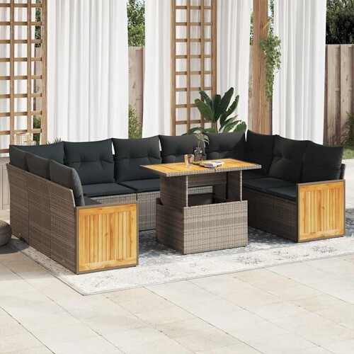 vidaXL 10-dijelni set vrtnih sofa poliratan i bagrem s jastucima sivi