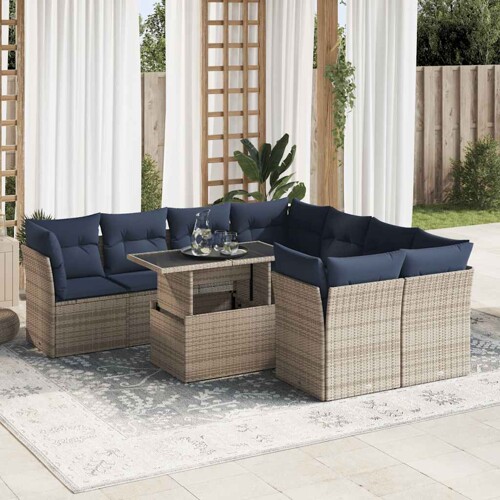vidaXL 9-dijelni set vrtnih sofa poliratan i bagrem s jastucima sivi