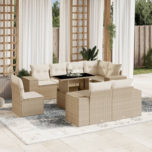vidaXL 9-dijelni set vrtnih sofa s jastucima bež od poliratana