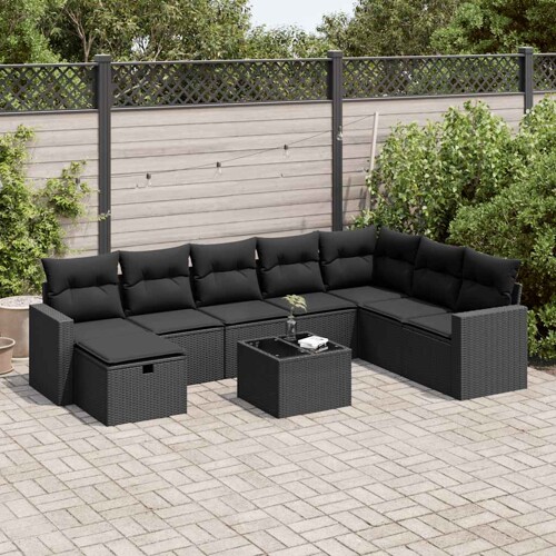 vidaXL 9-dijelni set vrtnih sofa s jastucima crni od poliratana