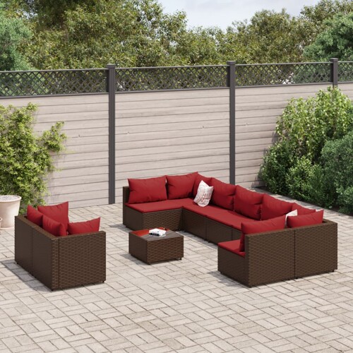 vidaXL 10-dijelni set vrtnih sofa od poliratana s jastucima smeđi