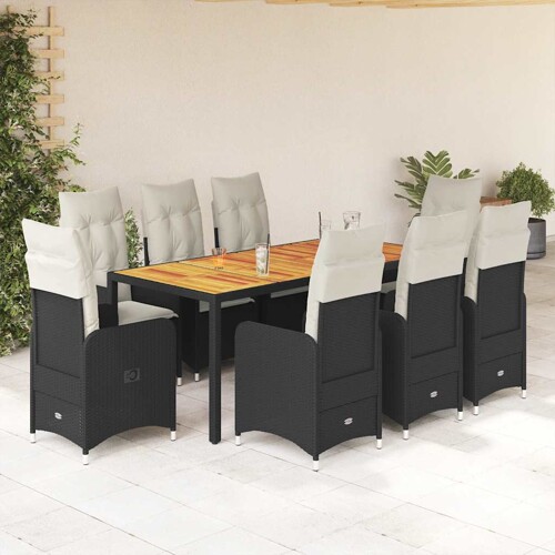 vidaXL 9-dijelni vrtni bistro set od poliratana s jastucima crni