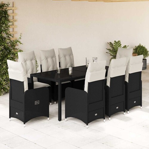 vidaXL 9-dijelni vrtni bistro set od poliratana s jastucima crni