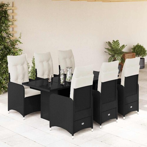 vidaXL 7-dijelni vrtni bistro set od poliratana s jastucima crni