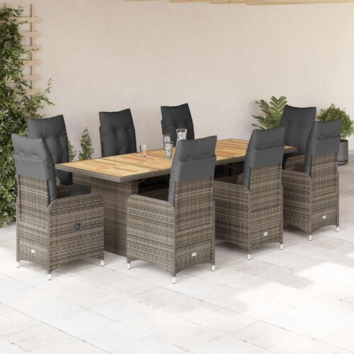 vidaXL 9-dijelni vrtni bistro set od poliratana s jastucima sivi