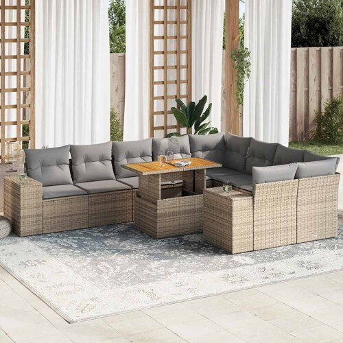 vidaXL 10-dijelni set vrtnih sofa s jastucima bež od poliratana bagrem