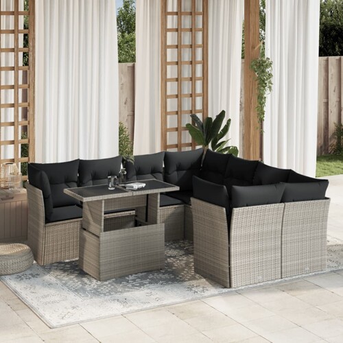 vidaXL 9-dijelni set vrtnih sofa od poliratana s jastucima svjetlosivi