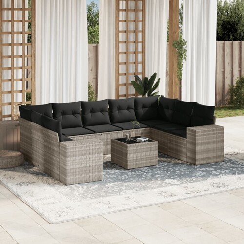 vidaXL 10-dijelni set vrtnih sofa poliratan s jastucima svijetlosivi