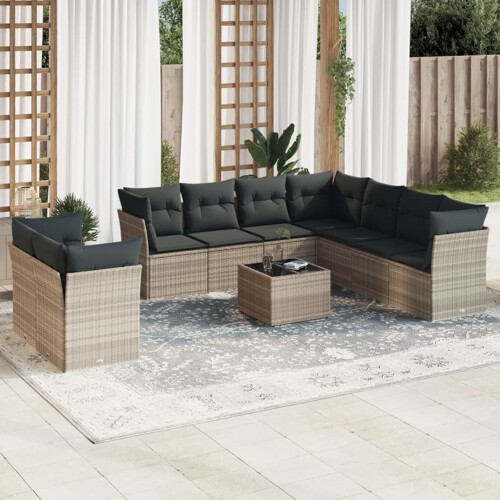 vidaXL 10-dijelni set vrtnih sofa poliratan s jastucima svijetlosivi