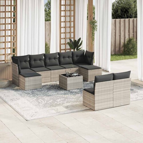 vidaXL 10-dijelni set vrtnih sofa poliratan s jastucima svijetlosivi