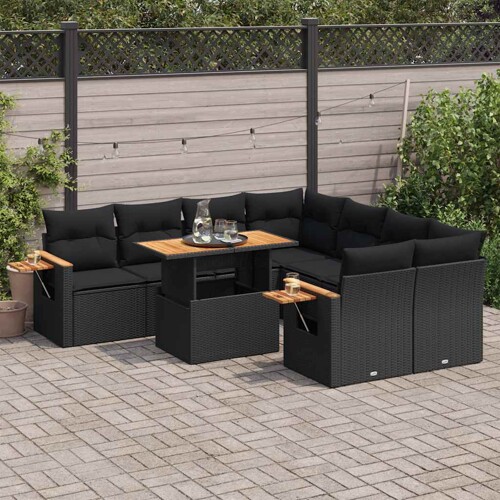 vidaXL 9-dijelni set vrtnih sofa s jastucima crni od poliratana bagrem