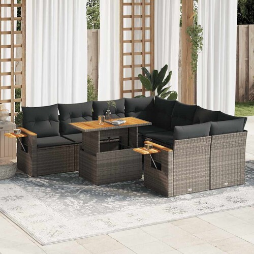 vidaXL 9-dijelni set vrtnih sofa poliratan i bagrem s jastucima sivi