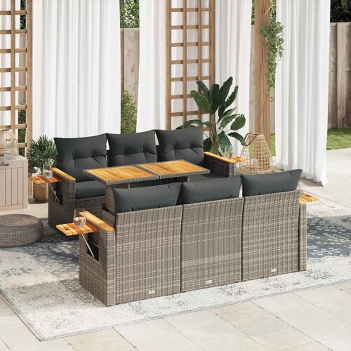 vidaXL 7-dijelni set vrtnih sofa poliratan i bagrem s jastucima sivi
