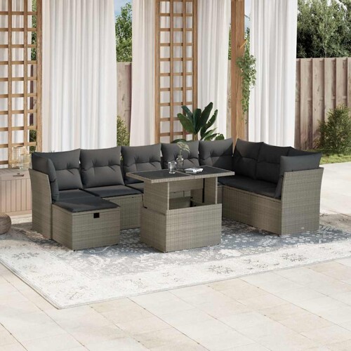 vidaXL 9-dijelni set vrtnih sofa od poliratana s jastucima svjetlosivi