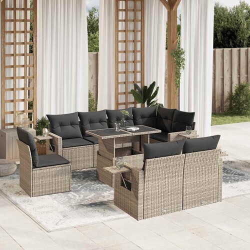 vidaXL 9-dijelni set vrtnih sofa od poliratana s jastucima svjetlosivi