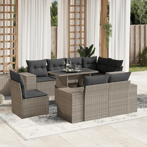 vidaXL 9-dijelni set vrtnih sofa od poliratana s jastucima svjetlosivi